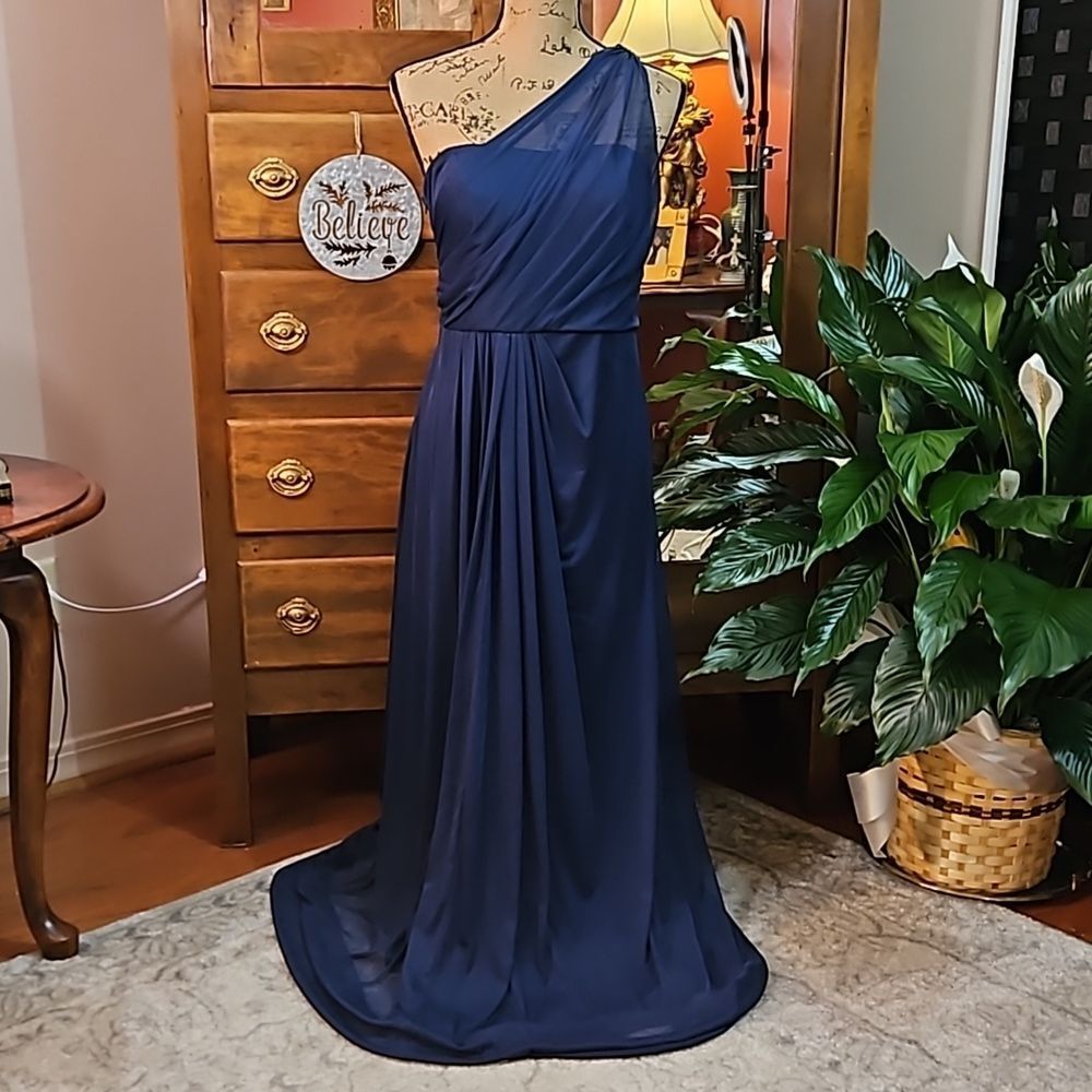 NWT David’s Bridal Marine Blue One-Shoulder Illusion Maxi Gown | Size 8